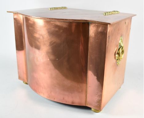 A Mid 20th Century Copper Serpentine Front Coal Box with Brass Hinges and Ring Carrying Handles, Complete with Metal Liner, 3