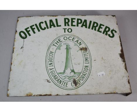 A Vintage Enamel Double Sided Sign, Official Repairers to the Ocean Accident and Guarantee Corporation Ltd, 38cm x 30.5cm 