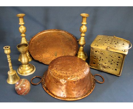 Art Nouveau J S &amp; S copper tray, copper colander, 18th century Dutch brass foot warmer, pair of brass candlesticks with r