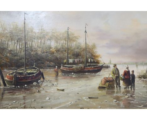Pieter Cornelis Steenhouwer (Dutch, 1896-1972): oil on board, fishing boats in ice, image 24 x 19 cm, overall 40 x 35 cm. Not