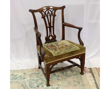 18th century walnut gentlemans elbow chair in the Chippendale manner with Berlin style wool work seat. Not available for in-h