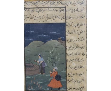 19th century Mughal manuscript with painted gouache scene, woman at a well, looked-on by an admirer, page 12 x 17 cm, overall