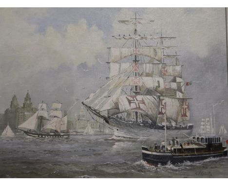 K Warner Radcliffe (20th century): oil on board, Tall Ships '84: Sagres and Royalist (on the Mersey), label verso, image 50 x