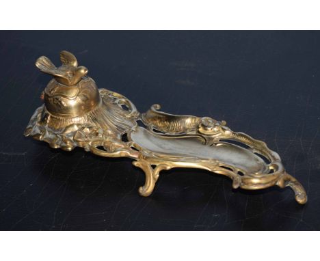Unusual Art Nouveau style, probably French, gilt metal inkstand, the hinged inkwell cover formed as a winged bird with attach