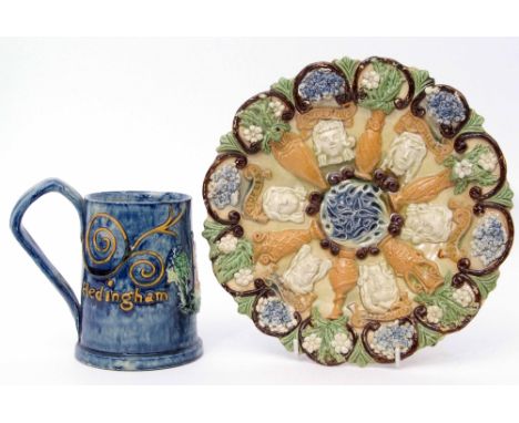 Castle Hedingham pottery including a mug, two dishes and a small creamer, all marked "Castle Hedingham" some with Edward Bing