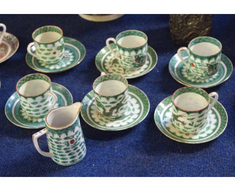 Part Chinese porcelain tea set decorated with a famille vert design, comprising six cups and saucers and a milk jug (13)   