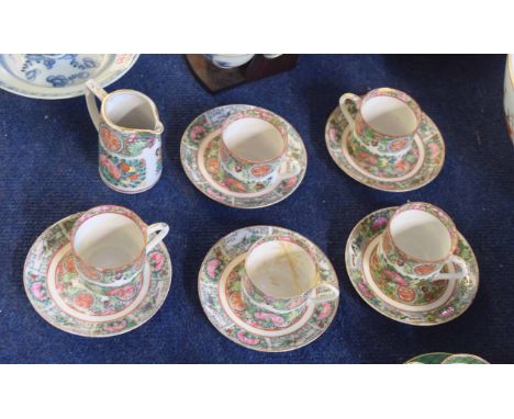 Part Chinese porcelain tea set, comprising five cups and saucers decorated in famille rose designs with good luck emblems, to