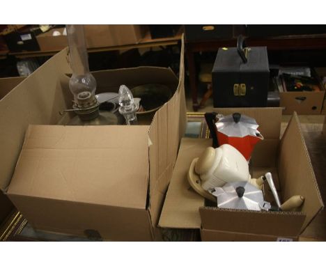 Two boxes including coffee pots, an oil lamp etc.