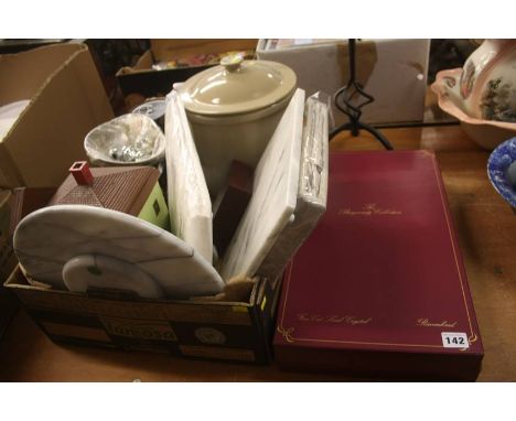 Boxed set of champagne glasses, scales etc.