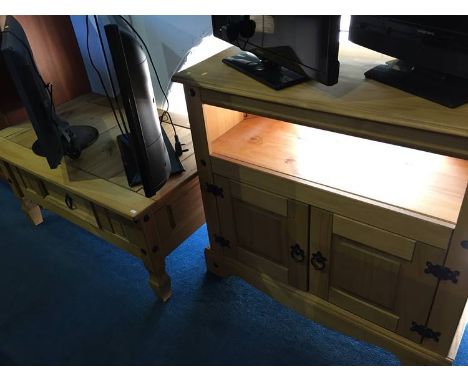 A pine coffee table and a pine stick cabinet