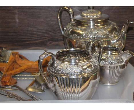 SILVER PLATED THREE PIECE TEA SERVICE 
with other silver plate 