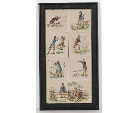 FRAMED SET OF EIGHT HUNTING RELATED MALKIN ENGLISH TILES
all stamped Malkin, England, all of 19th century gentlemen in huntin