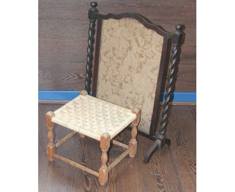 MAHOGANY FIRE SCREEN 
together with a small stool