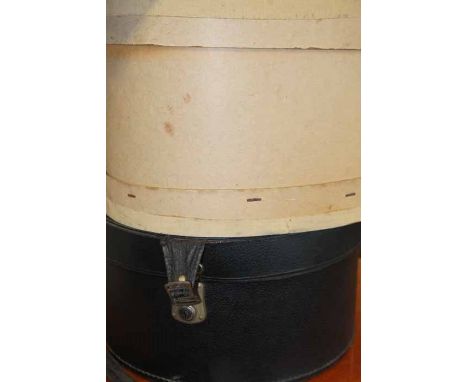 TWO VINTAGE HAT BOXES 
and vintage compressed fiber suitcase