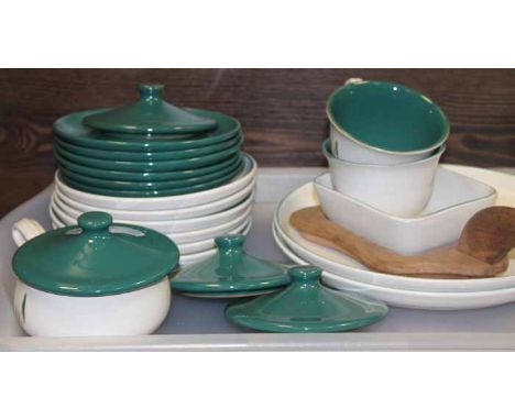 A QUANTITY OF DENBY GREENWHEAT STONEWARE CERAMIC DINNERWARE
including dinner plates, side plates, cups, saucers and soup bowl