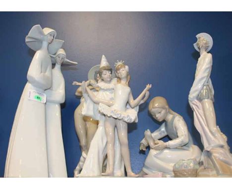 FIVE LLADRO FIGURES including two nuns, a Don Quixote figure, a girl, a sheperd boy and a clown and ballerina dancing, larges