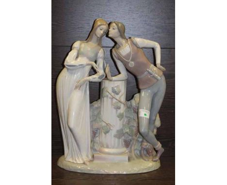 LARGE LLADRO FIGURE OF A MEDIEVAL MAN AND WOMEN modelled having a lovers conversation over a column plinth, 45cm high