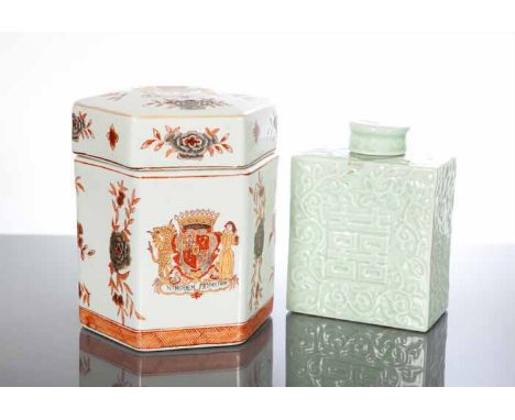 CHINESE CELADON TEA CADDY
of rectangular form, decorated with moulded stylised scrolling decoration and character mark, 15.5c
