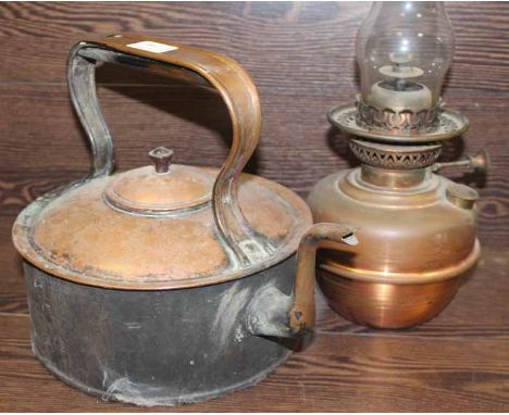 LARGE COPPER KETTLE AND COPPER OIL LAMP