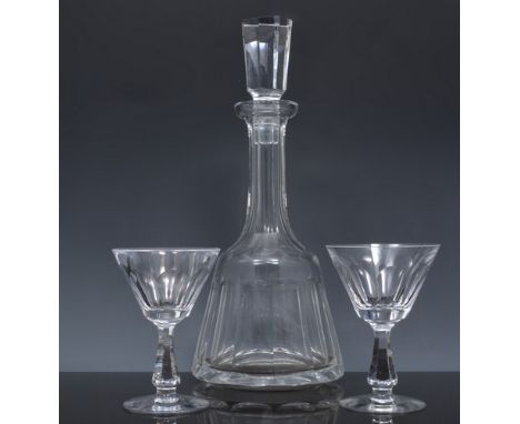 Lead crystal mallet shape decanter (purchased as Waterford, no mark) octagonal stopper, 32cm and four matching conical shape 