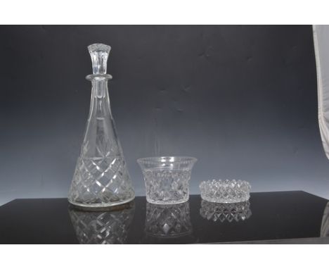Lead crystal conical shape decanter, with a stopper, 32cm, a lead crystal comport and other crystal.