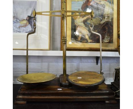 Brass Agate patent balance scale, replaced wooden plinth, width 63cm.