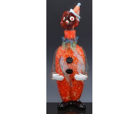 Murano style mottled and coloured glass novelty flask, designed as a clown, 39cm.