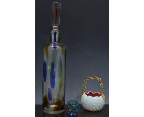 Art glass decanter, with coloured flecks, 41cm, press moulded glassware, coloured glassware, enamel beakers etc.