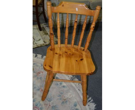 Pair of Colonial style pine kitchen chairs, solid seats, 88cm and a pair of comb back kitchen chairs (4).