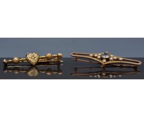 15ct gold seed pearl and citrine brooch, and a 9ct brooch (2).