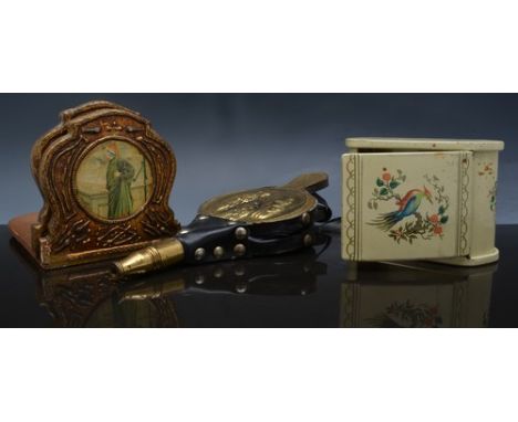 Walnut mantle clock, inlaid case, lacking movement, various metalwares and other items.
