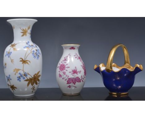 Noritake posy basket, blue ground, 13cm, three German porcelain vases and a Mexican vase (5).