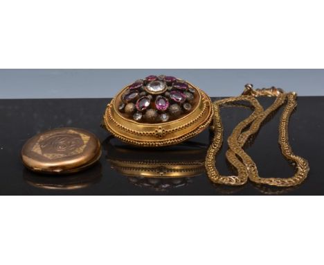 9ct rose gold circular locket on a chain, and a brooch/locket set with white stones and amethyst coloured stones with a chain
