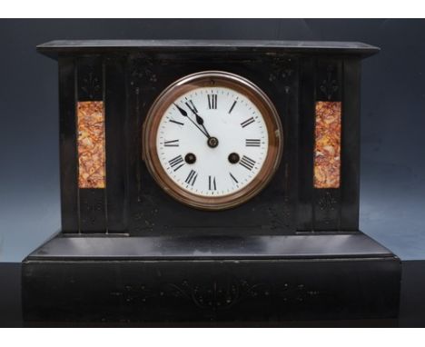 Victorian black marble mantle clock, white enamel dial, cylinder movement, lacking bell, width 32cm and an oak cased mantle c