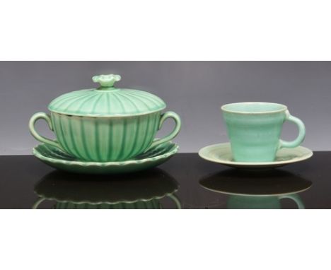 Spode Royal jade part table service, including basket weave moulded plated, a fluted soup bowl and saucers etc.