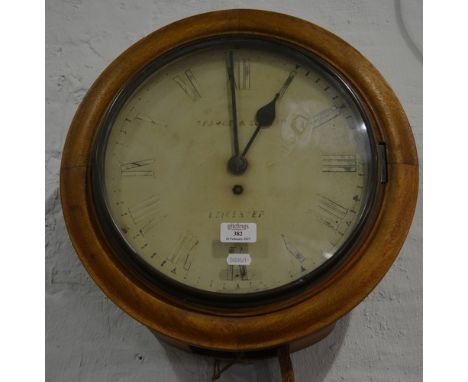 Stained wood wall clock, white enamel dial signed Pearce & Son Limited, Leicester, fusee movement, diameter 41cm.