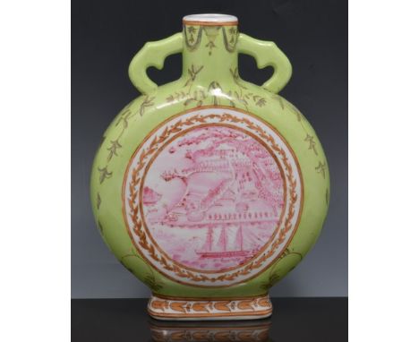 Chinese polychrome moon flask, green ground, monochrome reserves painted with coastal scenes at Canton, 26cm.