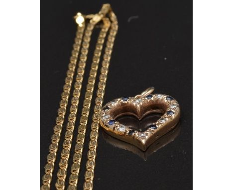 Rose metal, sapphire and diamond encrusted open heart pendant, on a 9ct box scroll link necklace.