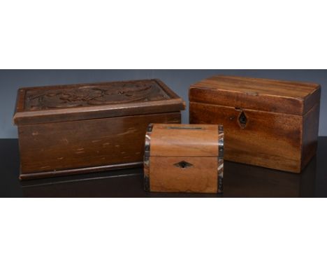 Bleached walnut and inlaid money box, 10.5cm, Georgian mahogany caddy, carved wood box, games dice etc (3).