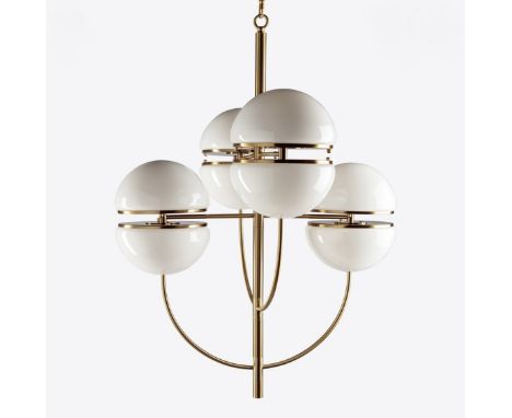 A new in the box Pure White Lines of London four branch brass and opaque white glass domed shade pendant light with instructi