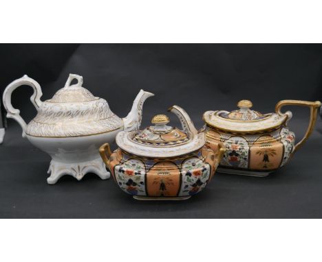 A collection of hand painted and gilded porcelain. Including a white porcelain tea pot with gilded stylised foliate design wi