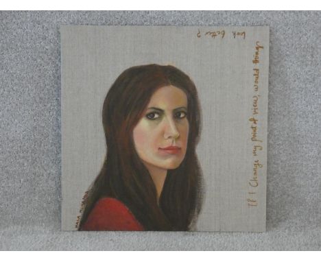 Hala Muhanna, oil on canvas, self portrait with inscription; if I change my point of view, would things look better? signed. 