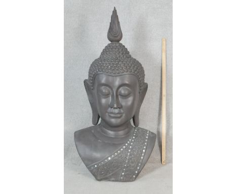 A very large painted moulded hollow resin Thai Buddha bust with mirror tile detailing. H.121cm 