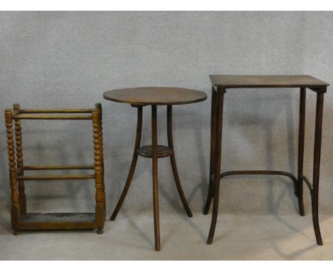 Two bentwood occasional tables and an oak bobbin turned stick stand. H.73 L.49 W.36cm 