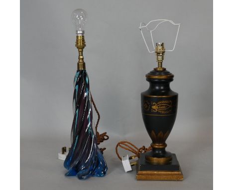 A toleware lamp base of urn shape and a vintage coloured glass table lamp on spiral twist base. H.42.5cm (Tallest) 