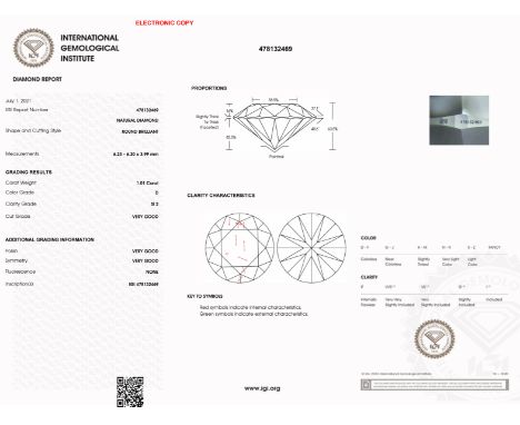 IGI Loose Round Brilliant Cut Diamond D SI2 1.01 Carats - One round brilliant cut diamond with a IGI certificate with Colour 