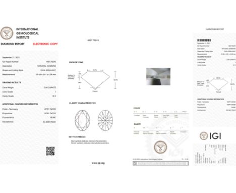 IGI Loose Oval Diamond I SI2  2.00 Carats - One oval diamond with a IGI certificate with Colour I Clarity SI2 2.00 Carats Col