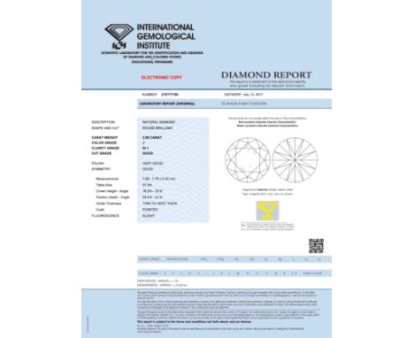 IGI Loose Round Brilliant Cut Diamond J SI1 2.00 Carats - One round brilliant cut diamond with a IGI certificate with Colour 