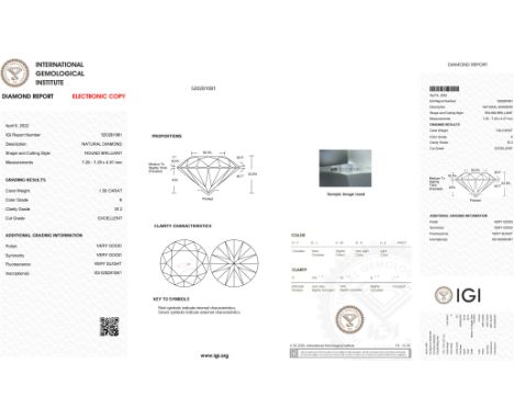 IGI Loose Round Brilliant Cut Diamond K SI2 1.50 Carats - One round brilliant cut diamond with a IGI certificate with Colour 