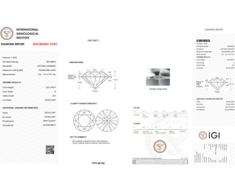 IGI Loose Round Brilliant Cut Diamond K SI2 1.50 Carats - One round brilliant cut diamond with a IGI certificate with Colour 